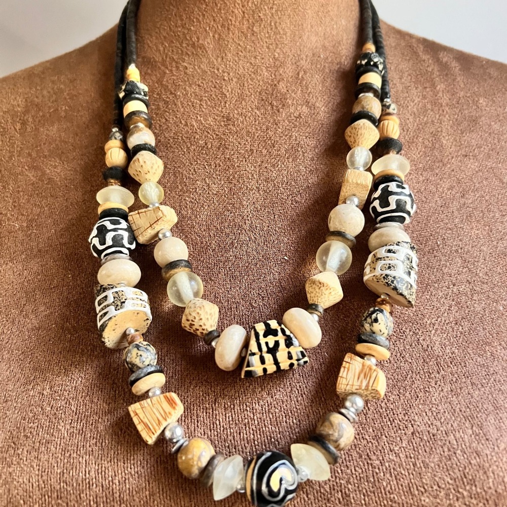 Vintage Mixed Media Chunky Beaded Double Strand Necklace 24 Inch Ethnocore